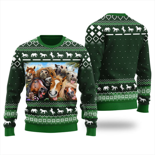 Funny Horse Ugly Christmas Sweater Green