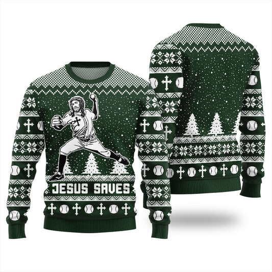 Funny Jesus Saves Baseball Mens Ugly Christmas Sweater