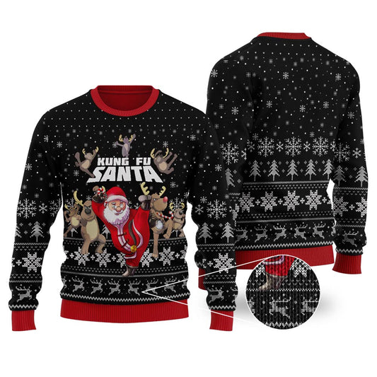 Funny Kungfu Santa Black Ugly Christmas Sweater - Funny Ugly Christmas Sweater