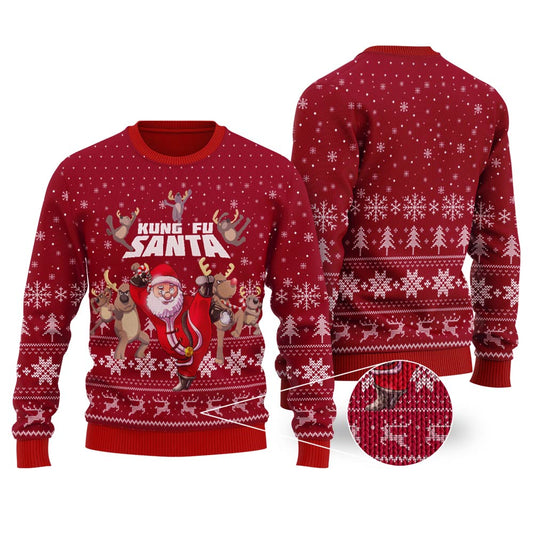 Funny Kungfu Santa Cardinal Red Ugly Christmas Sweater - Funny Ugly Christmas Sweater