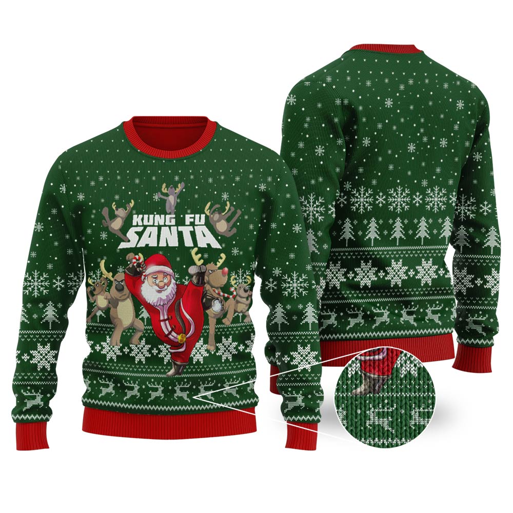 Funny Kungfu Santa Forest Green Ugly Christmas Sweater - Funny Ugly Christmas Sweater