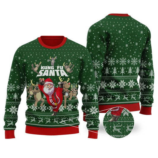 Funny Kungfu Santa Forest Green Ugly Christmas Sweater - Funny Ugly Christmas Sweater
