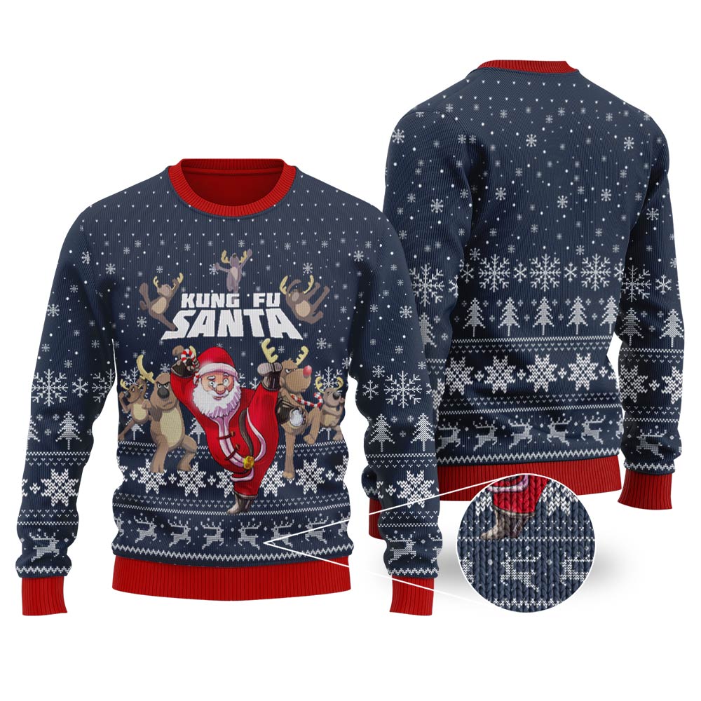 Funny Kungfu Santa Navy Ugly Christmas Sweater - Funny Ugly Christmas Sweater