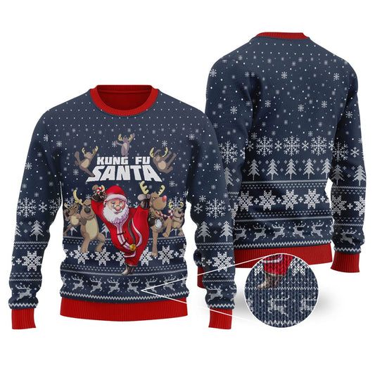 Funny Kungfu Santa Navy Ugly Christmas Sweater - Funny Ugly Christmas Sweater