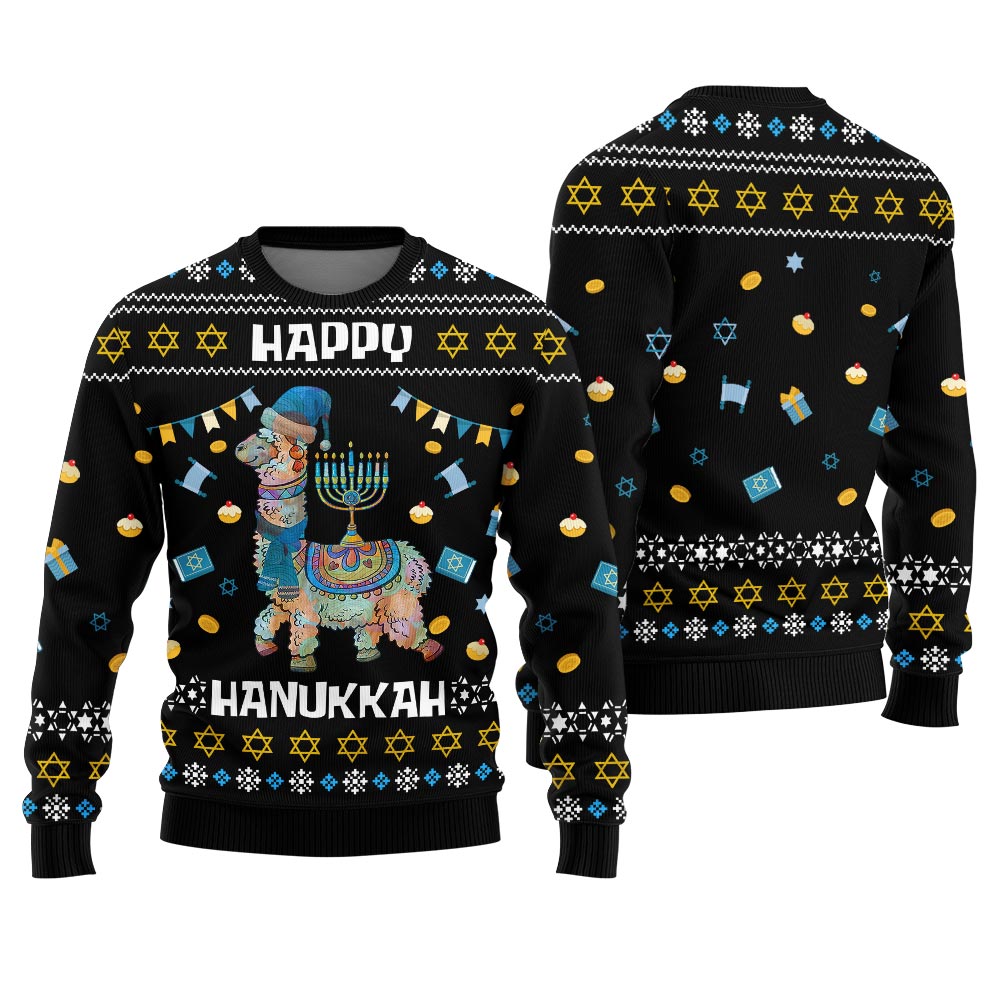 Funny Llama Ugly Hanukkah Sweater Black