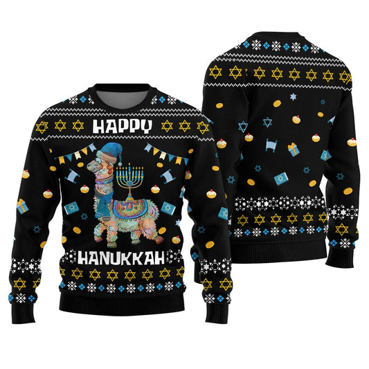 Funny Llama Ugly Hanukkah Sweater Black