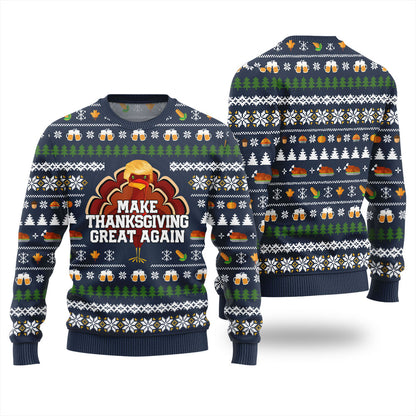 Funny Making Thanksgiving Great Again Ugly Holiday Sweater Navy