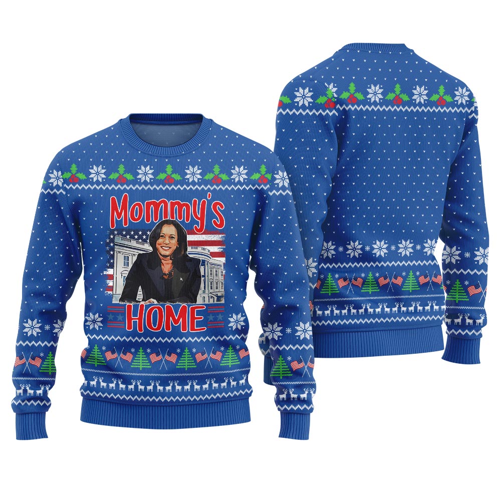 Funny Mommy's Home Kamala Harris Xmas Sweater Royal