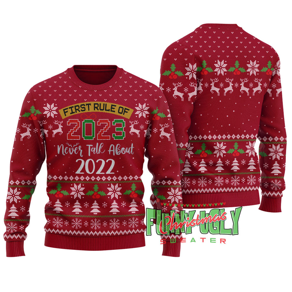 Funny New Year First Rule Ugly Christmas Sweater Cardinal Red