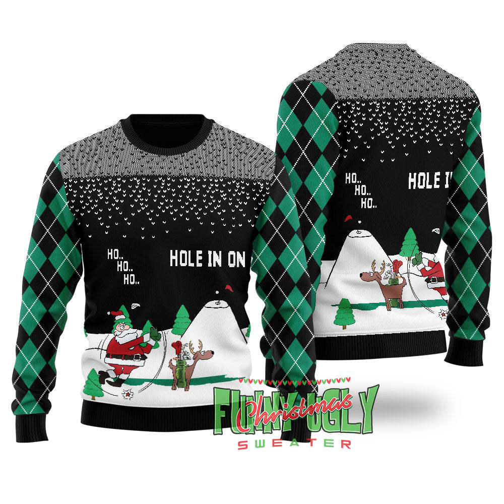 Funny North Pole Golfing Santa Ugly Christmas Sweater Black