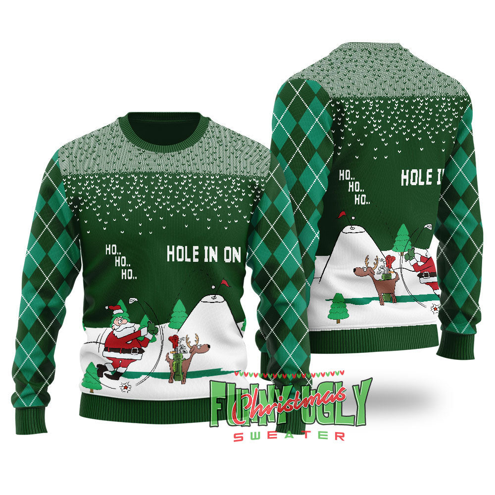 Funny North Pole Golfing Santa Ugly Christmas Sweater Forest Green