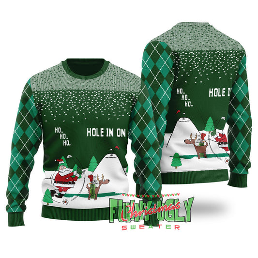 Funny North Pole Golfing Santa Ugly Christmas Sweater Forest Green