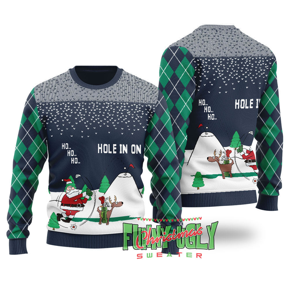 Funny North Pole Golfing Santa Ugly Christmas Sweater Navy