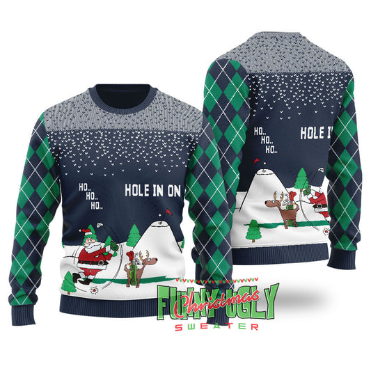 Funny North Pole Golfing Santa Ugly Christmas Sweater Navy
