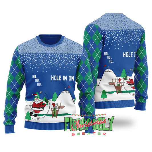 Funny North Pole Golfing Santa Ugly Christmas Sweater Royal