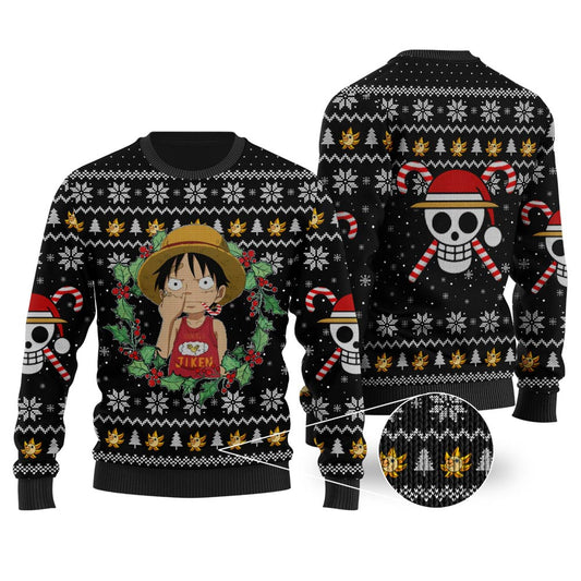 Funny One Piece Luffy Ugly Christmas Sweater Black