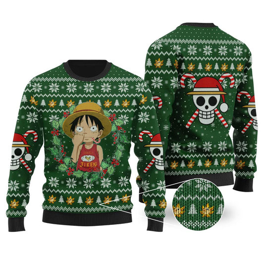 Funny One Piece Luffy Ugly Christmas Sweater Forest Green