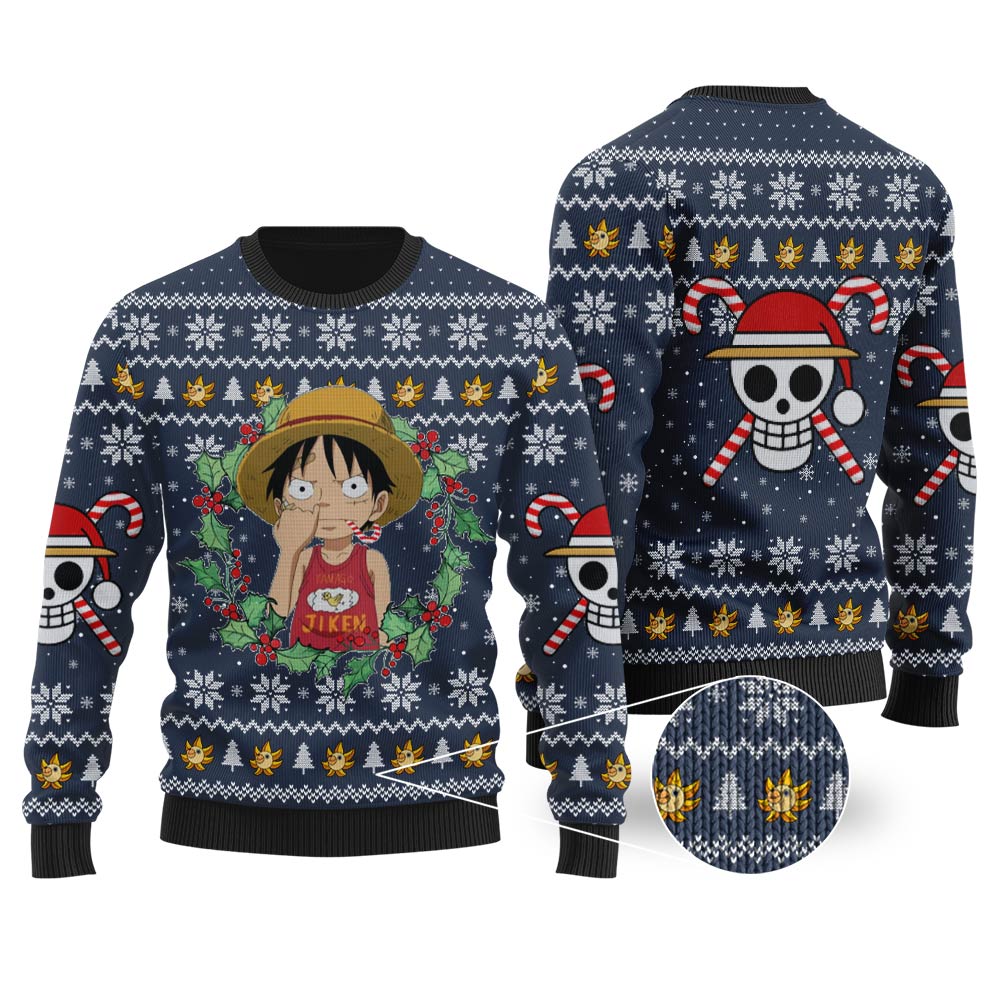 Funny One Piece Luffy Ugly Christmas Sweater Navy