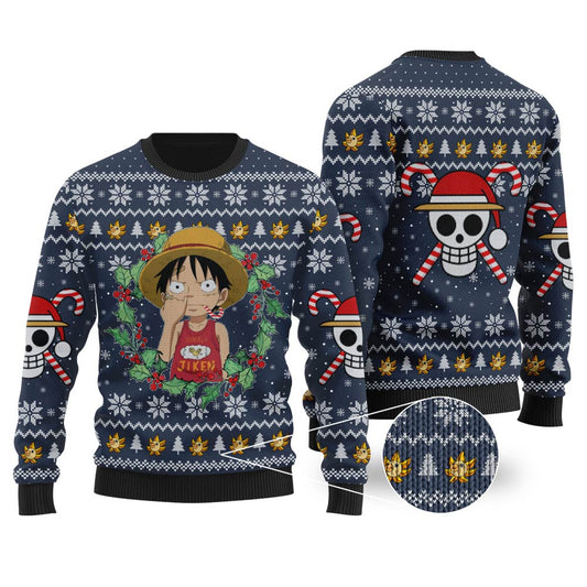 Funny One Piece Luffy Ugly Christmas Sweater Navy