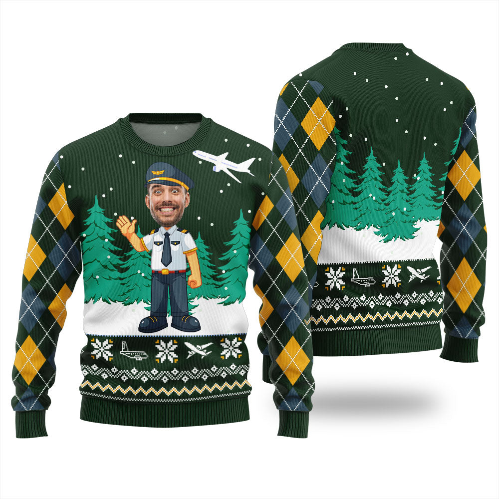 Funny Pilot Face Personalized Ugly Sweater Green