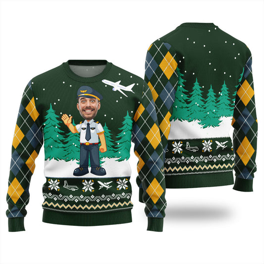 Funny Pilot Face Personalized Ugly Sweater Green