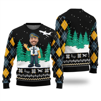 Funny Personalized Face Pilot Ugly Christmas Sweater Black