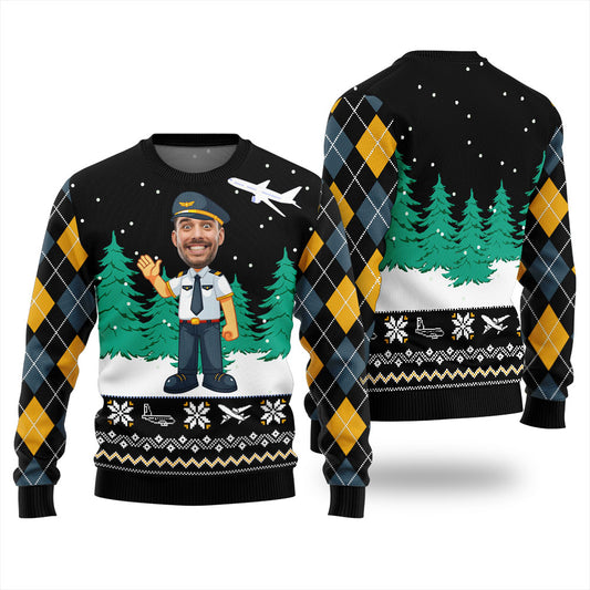 Funny Personalized Face Pilot Ugly Christmas Sweater Black