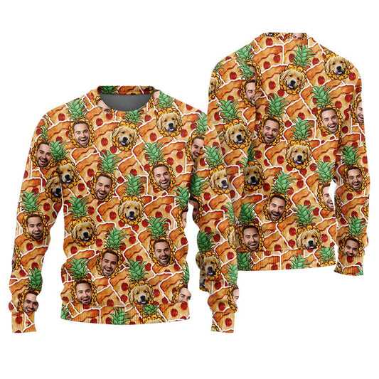 Funny Pizza Pineapple Custom Face And Pet Ugly Sweater Orange