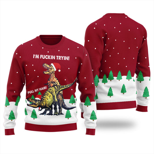 Funny Pull My Hair Naughty Dinosaur Ugly Christmas Sweater For Women