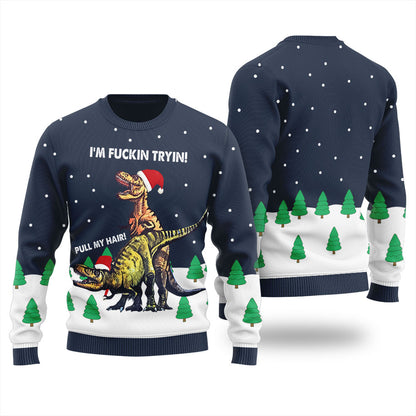 Funny Pull My Hair Naughty Dinosaur Ugly Christmas Sweater For Women