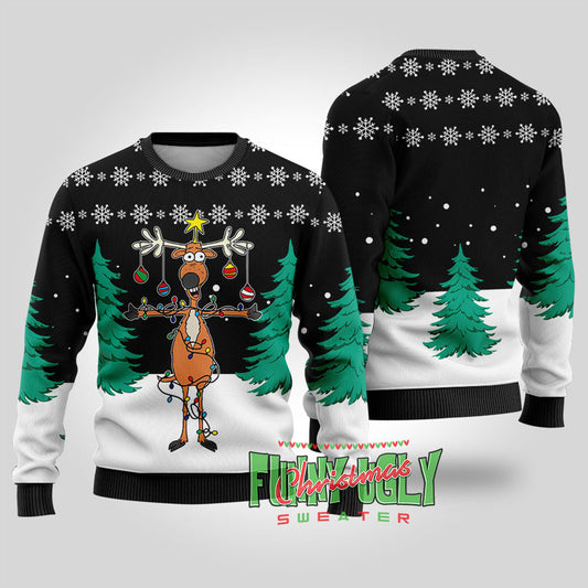 Funny Reindeer Christmas Tree Ugly Sweater Black