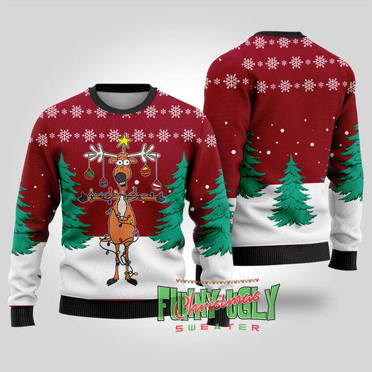 Funny Reindeer Christmas Tree Ugly Sweater Cardinal Red