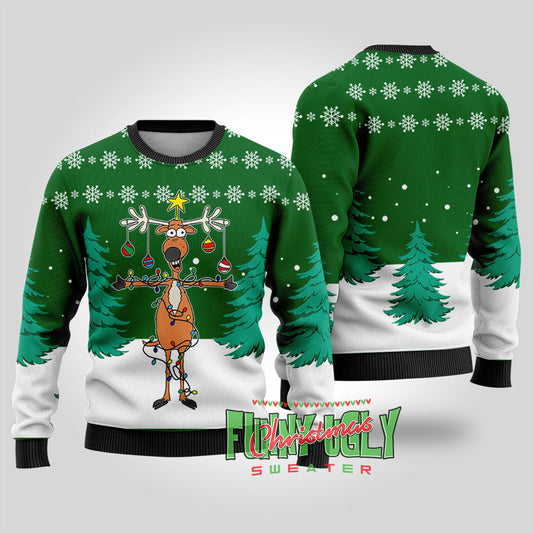 Funny Reindeer Christmas Tree Ugly Sweater Forest Green