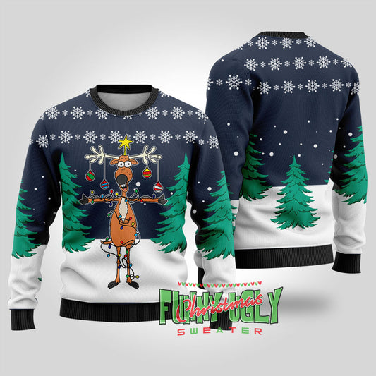 Funny Reindeer Christmas Tree Ugly Sweater Navy