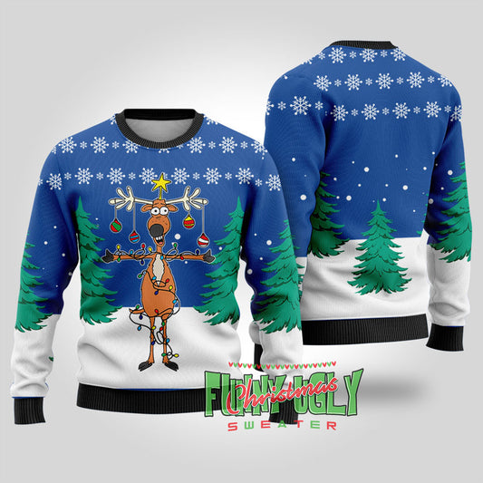 Funny Reindeer Christmas Tree Ugly Sweater Royal