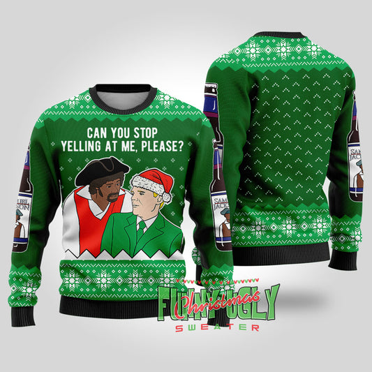 Funny Samuel Jackson Beer Christmas Sweater Forest Green