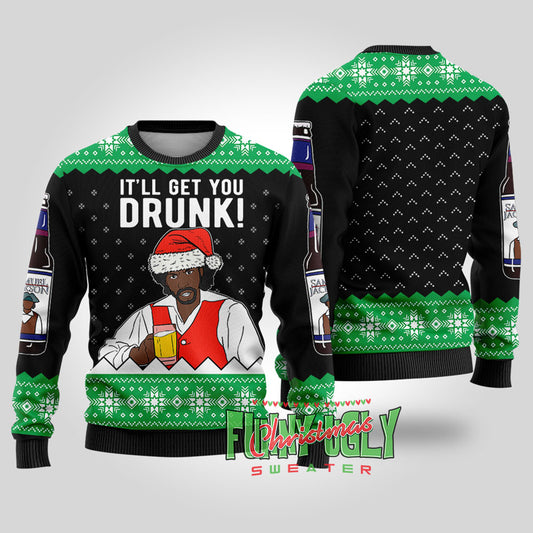 Funny Samuel Jackson Beer Ugly Christmas Sweater Black