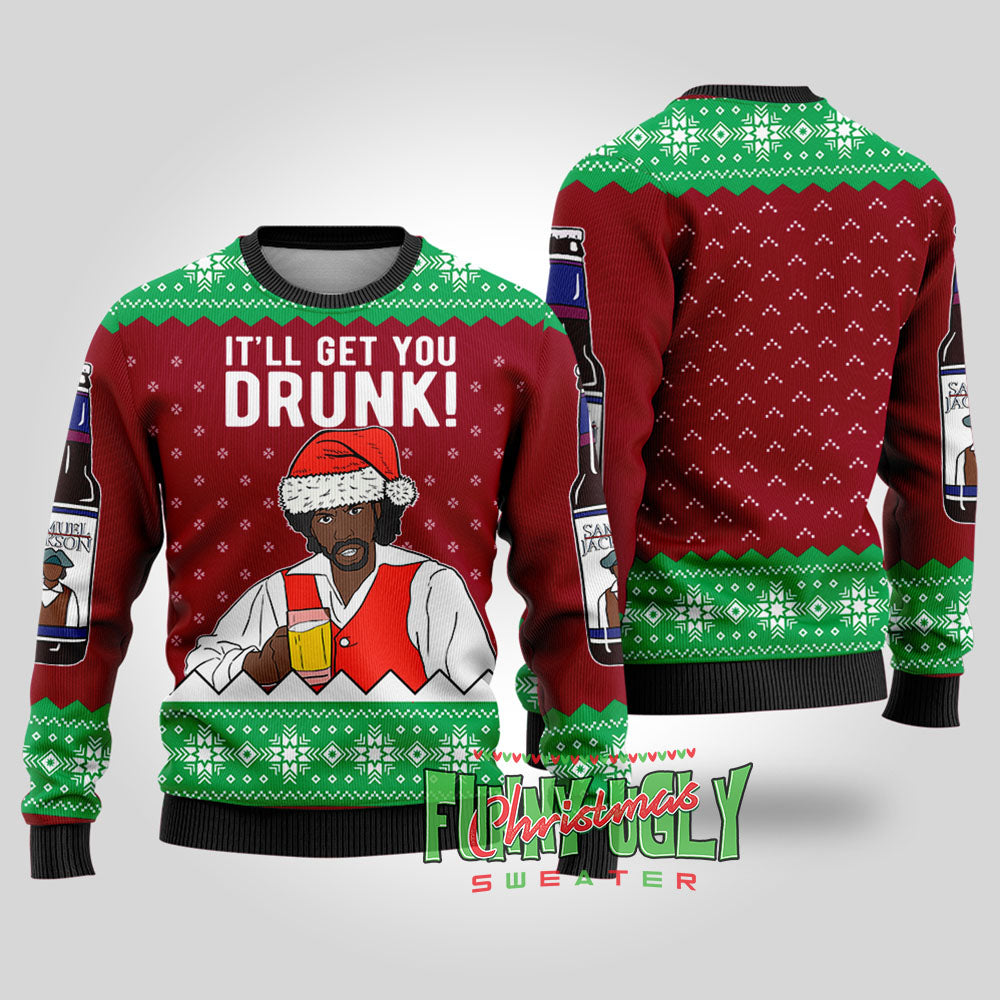 Funny Samuel Jackson Beer Ugly Christmas Sweater Cardinal Red