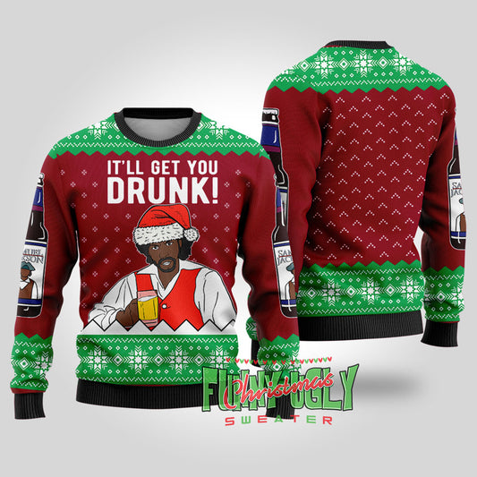Funny Samuel Jackson Beer Ugly Christmas Sweater Cardinal Red