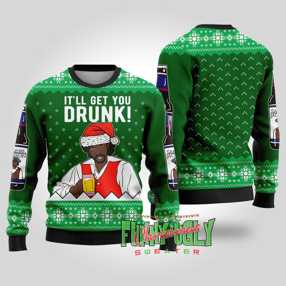 Funny Samuel Jackson Beer Ugly Christmas Sweater Forest Green