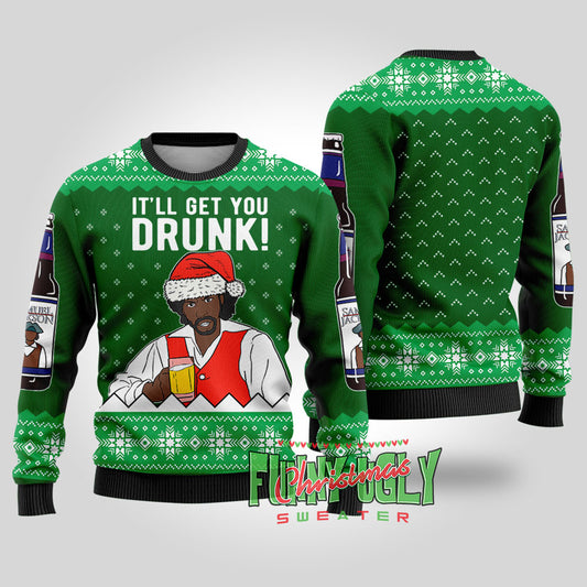Funny Samuel Jackson Beer Ugly Christmas Sweater Forest Green