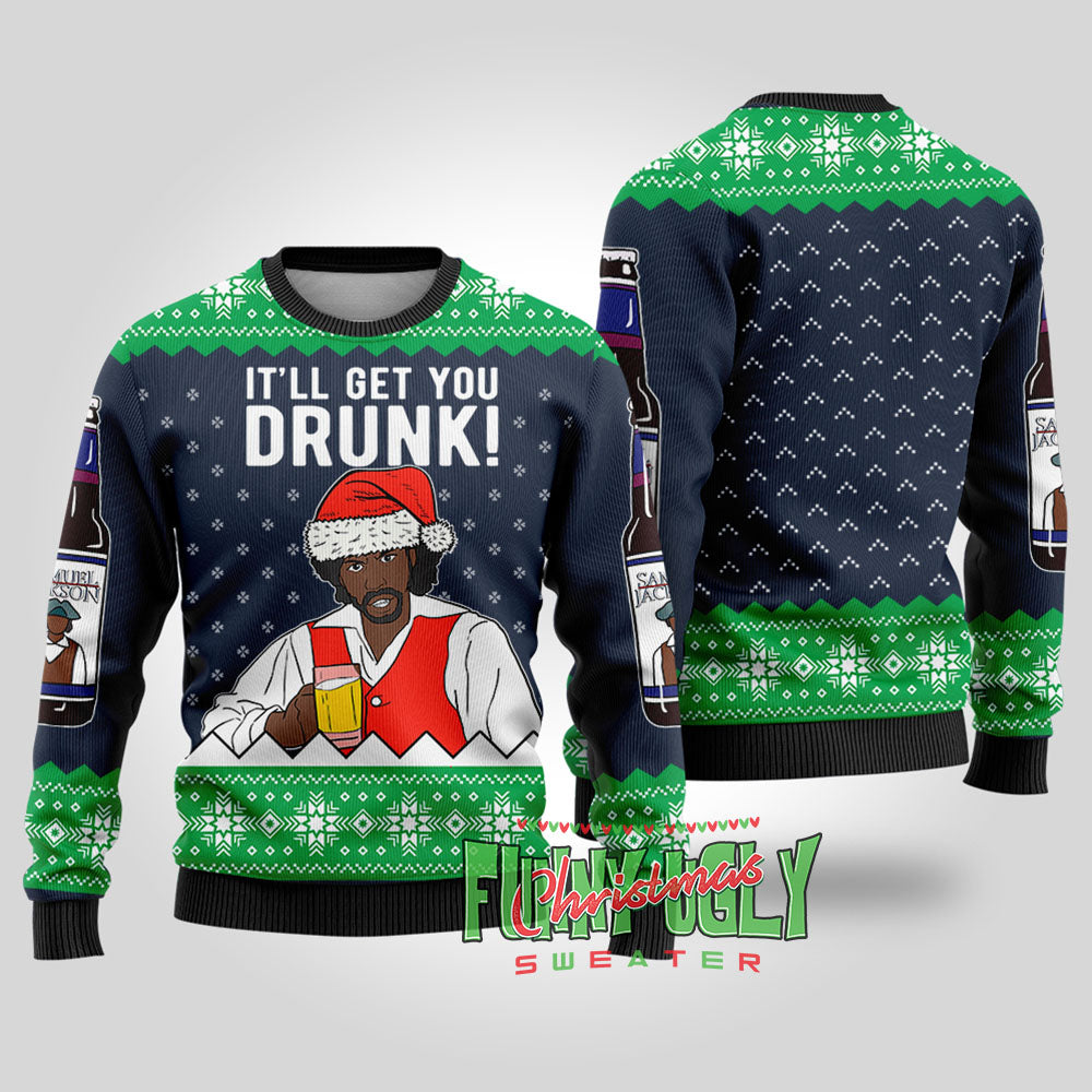 Funny Samuel Jackson Beer Ugly Christmas Sweater Navy