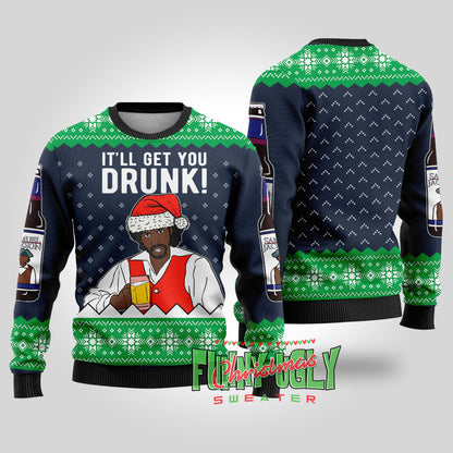 Funny Samuel Jackson Beer Ugly Christmas Sweater Navy