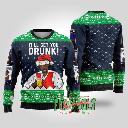 Funny Samuel Jackson Beer Ugly Christmas Sweater Navy