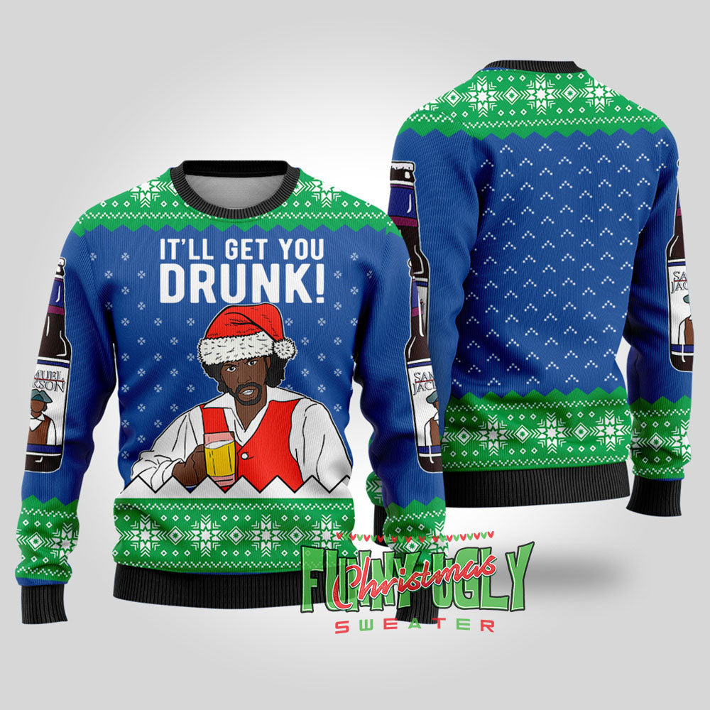 Funny Samuel Jackson Beer Ugly Christmas Sweater Royal