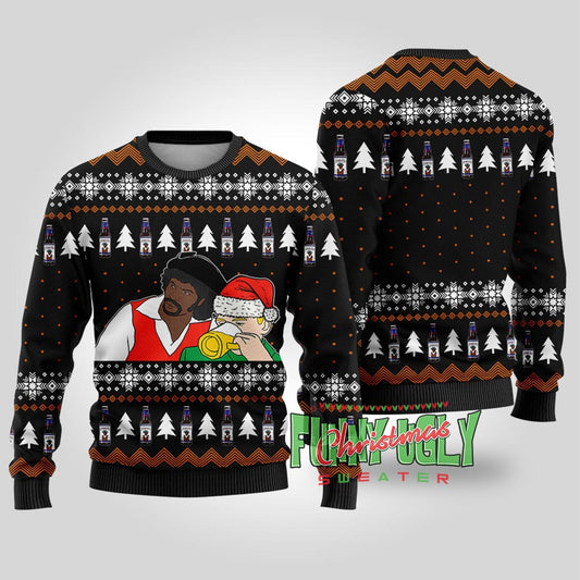 Funny Samuel Jackson Drink Beer Ugly Christmas Sweater Black