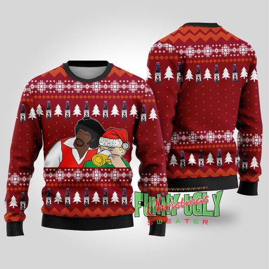 Funny Samuel Jackson Drink Beer Ugly Christmas Sweater Cardinal Red