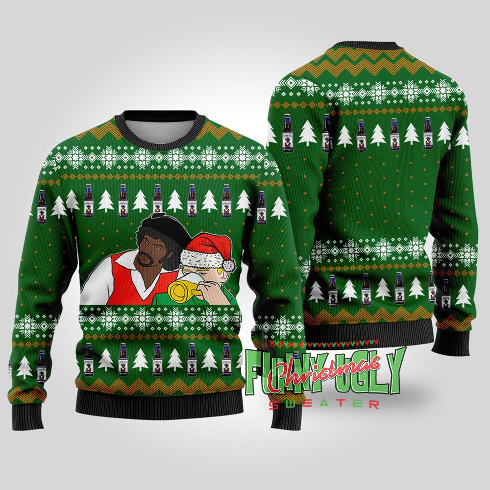 Funny Samuel Jackson Drink Beer Ugly Christmas Sweater Forest Green