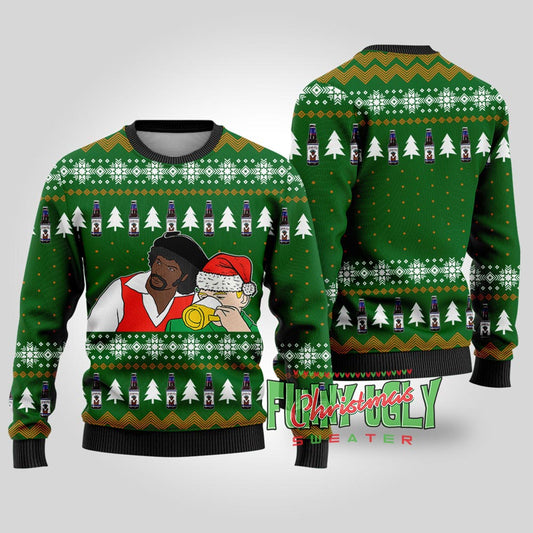 Funny Samuel Jackson Drink Beer Ugly Christmas Sweater Forest Green