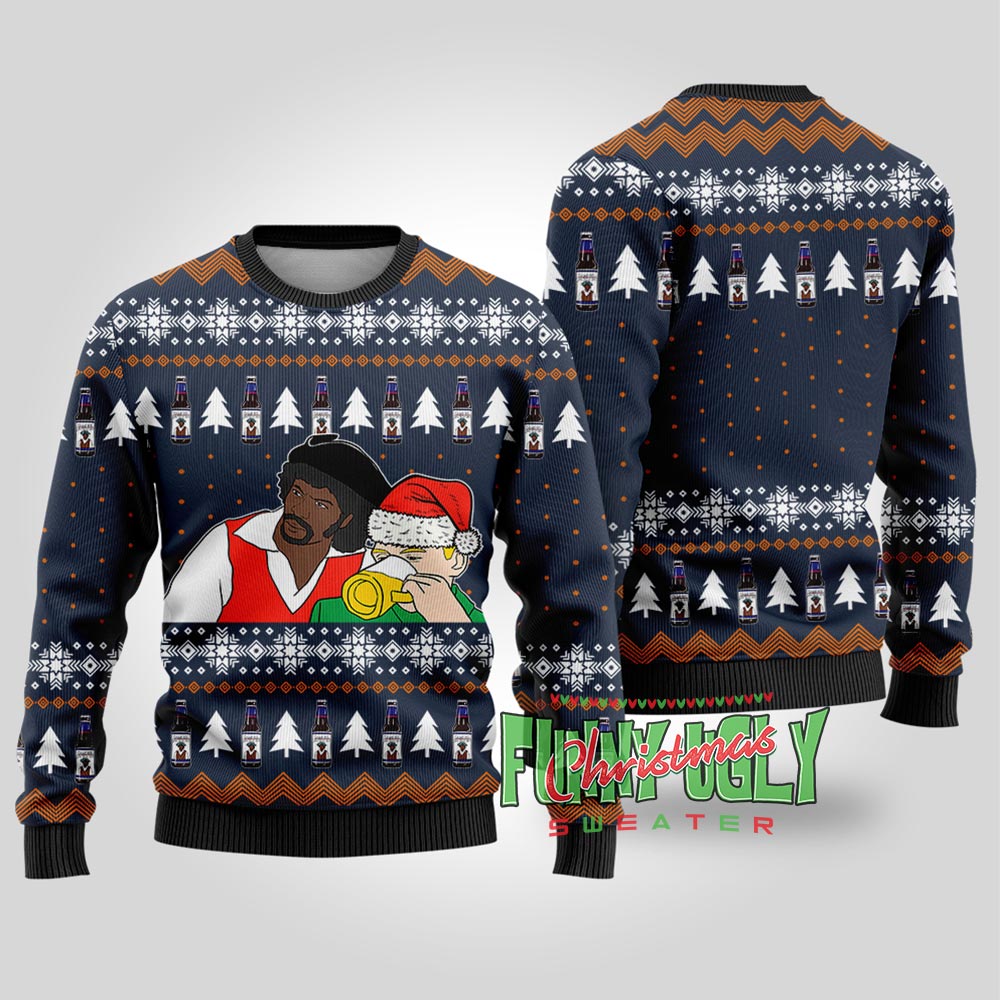 Funny Samuel Jackson Drink Beer Ugly Christmas Sweater Navy